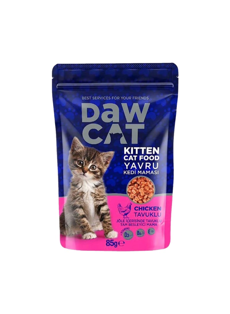 DawCat Kitten Wet Food Chicken in Jelly & Gravy – 85g Pouches (Pack of 6) | Premium Cat Food for Junior Kittens 2-12 Months Old | Complete Balanced Growth Nutrition with Vitamins D3, B6 & E | Bulk 510g Case Pack for All Breed Sizes - Image 2