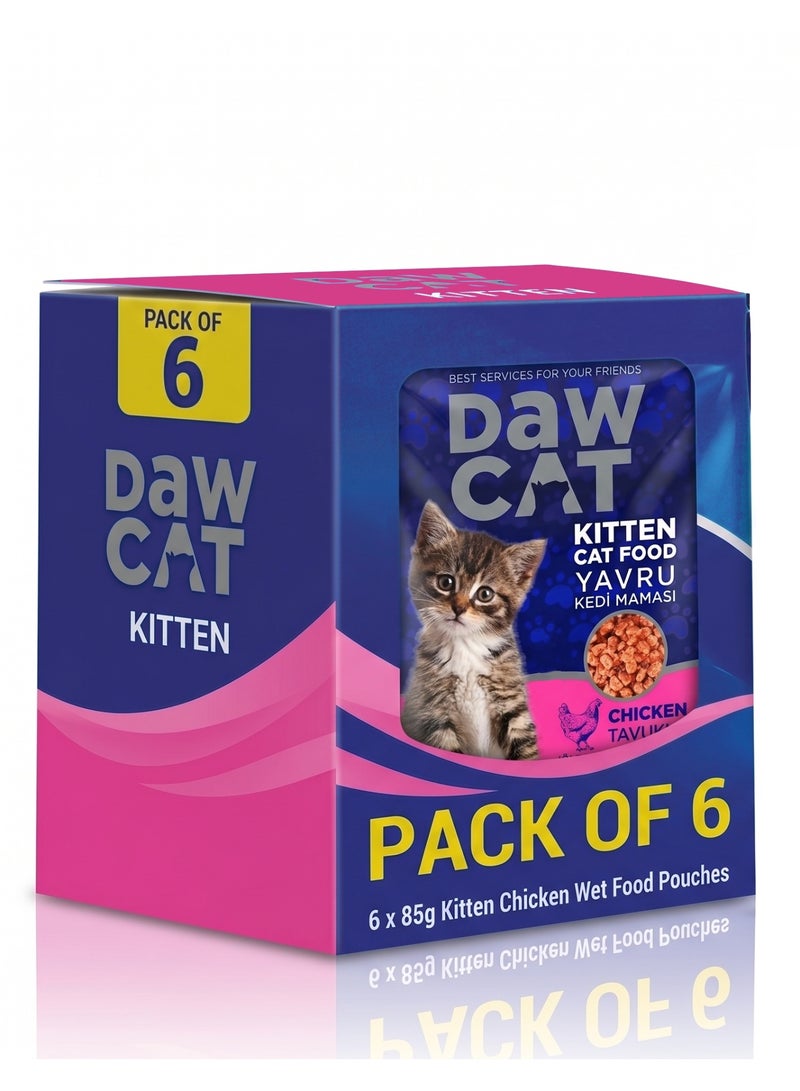 DawCat Kitten Wet Food Chicken in Jelly & Gravy – 85g Pouches (Pack of 6) | Premium Cat Food for Junior Kittens 2-12 Months Old | Complete Balanced Growth Nutrition with Vitamins D3, B6 & E | Bulk 510g Case Pack for All Breed Sizes - Image 1
