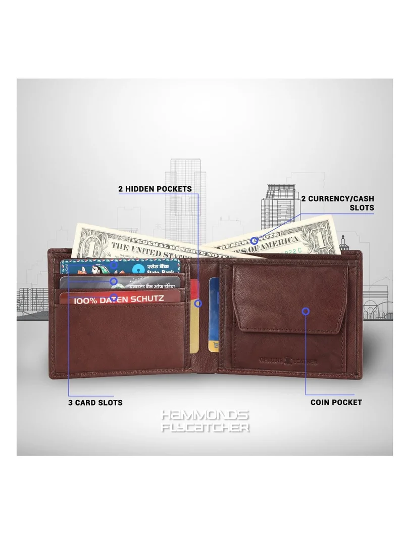 Hammonds Flycatcher  Wallet for Men - RFID Protected Leather Purse for Men, Money Purse for Men, Bi-Fold Wallet - 6 Card Slots, 1 Card Case, Coin Pocket, Hidden Pockets - Antique Brown | WBFC  | Best Price UAE