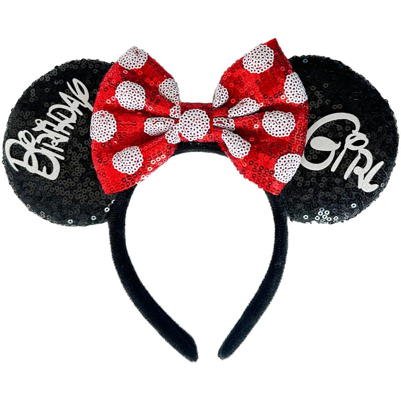 Tarocynn Birthday Mouse Ears Headband, Sequin Bow Headbands for Women Party Favors Cosplay Accessories (Black Birthday) - Image 1
