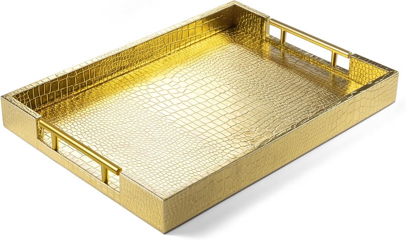 ATZYmolin 17" x 12" Wood Serving Tray with Gold Polished Metal Handles, Home Decorative Wooden Rectangle Ottoman Leather Decor Platter Bathroom Vanity Tray for All Occasions Alligator Gold - Image 1