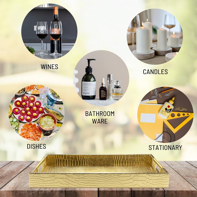 ATZYmolin 17" x 12" Wood Serving Tray with Gold Polished Metal Handles, Home Decorative Wooden Rectangle Ottoman Leather Decor Platter Bathroom Vanity Tray for All Occasions Alligator Gold - Image 5