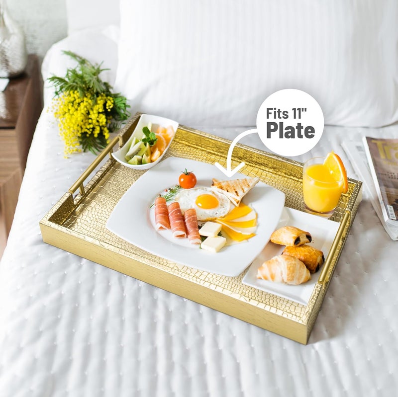 ATZYmolin 17" x 12" Wood Serving Tray with Gold Polished Metal Handles, Home Decorative Wooden Rectangle Ottoman Leather Decor Platter Bathroom Vanity Tray for All Occasions Alligator Gold - Image 4