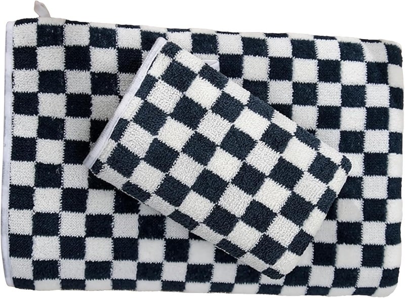 2 Pcs Towels Set, Blue and White Check Plaid, Soft Coral Fleece Hand and Bath, Highly Water-Absorbing, Quick Drying - Image 1
