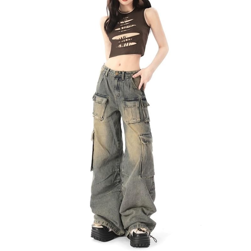 Hugboom Baggy Cargo Pants for Women Girls Retro Low Rise Wide Leg Jeans Y2k Hip Hop Streetwear Grunge Clothes Blue(M) - Image 3