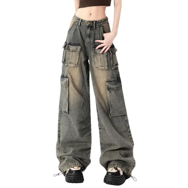 Hugboom Baggy Cargo Pants for Women Girls Retro Low Rise Wide Leg Jeans Y2k Hip Hop Streetwear Grunge Clothes Blue(M) - Image 2