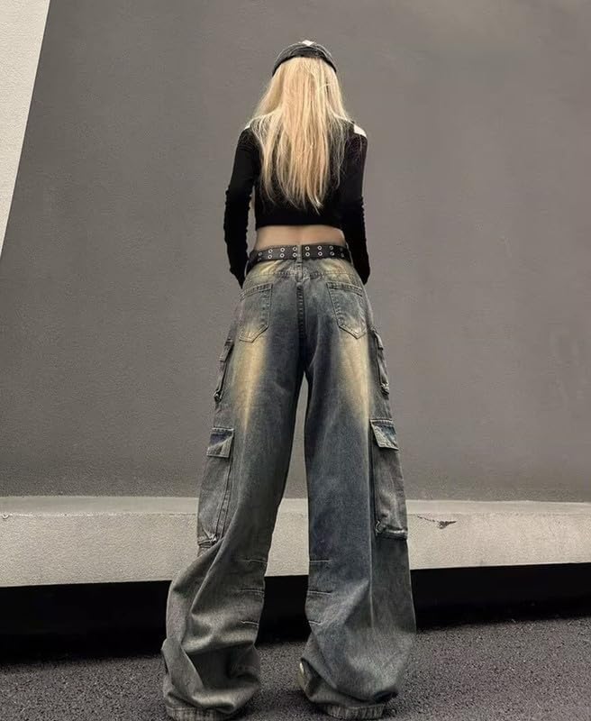 Hugboom Baggy Cargo Pants for Women Girls Retro Low Rise Wide Leg Jeans Y2k Hip Hop Streetwear Grunge Clothes Blue(M) - Image 5