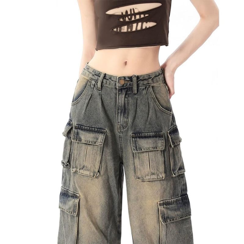 Hugboom Baggy Cargo Pants for Women Girls Retro Low Rise Wide Leg Jeans Y2k Hip Hop Streetwear Grunge Clothes Blue(M) - Image 4