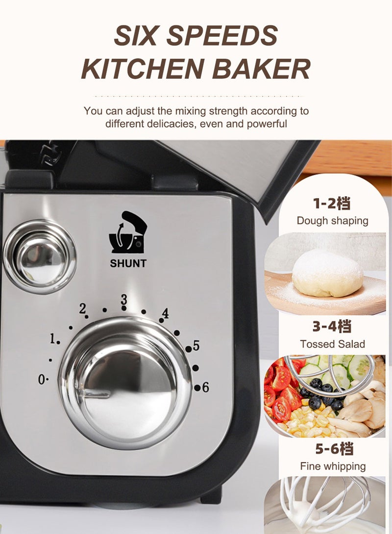 Biwhale ماكينة خلط المطبخ، سعة 3 لتر، وعاء من الفولاذ المقاوم للصدأ، 6 إعدادات للسرعة للحصول على نتائج خبز مثالية، خلط وعجن سهل، SC-205A أسود - Image 3