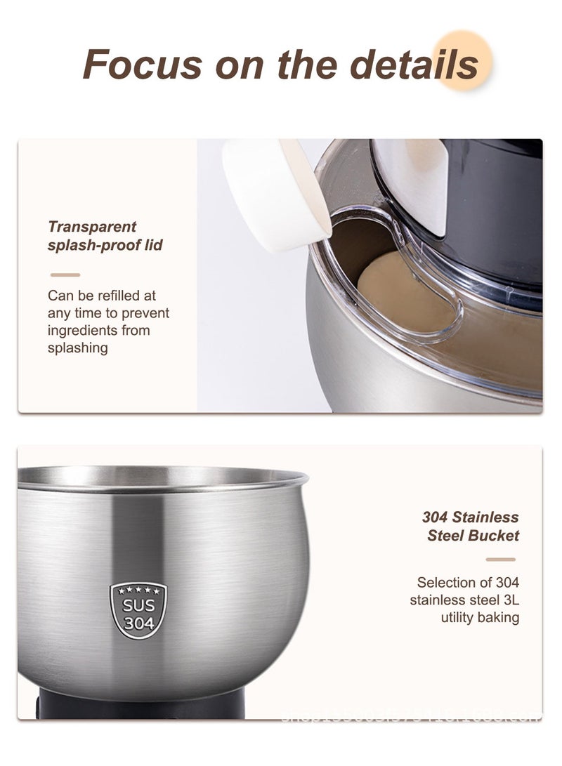 Biwhale ماكينة خلط المطبخ، سعة 3 لتر، وعاء من الفولاذ المقاوم للصدأ، 6 إعدادات للسرعة للحصول على نتائج خبز مثالية، خلط وعجن سهل، SC-205A أسود - Image 5