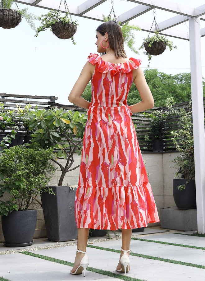 PlusS A-Line Midi Dress for Women in Pink Abstract Print - Image 5