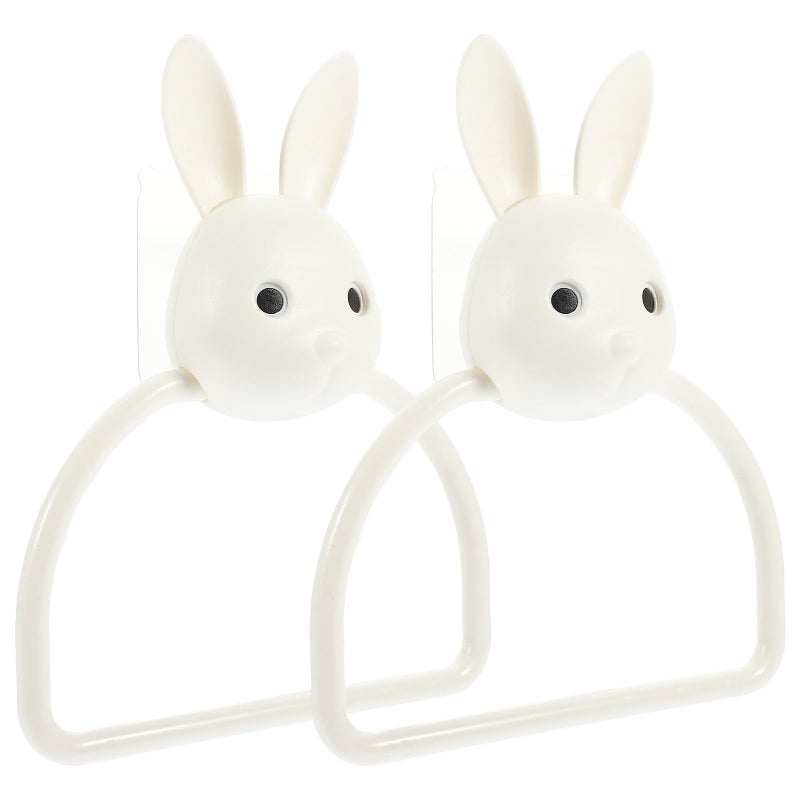 2Pcs Adhesive Cartoon Rabbit Towel Holder Wall Mounted Punch Free for Bathroom Kitchen - Image 2