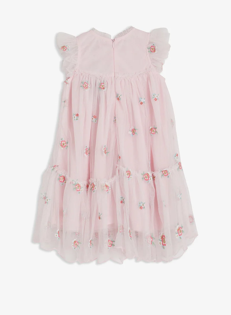 ريبلز مع نمشي Girls Smocked Floral Embroidered Tulle Party Dress