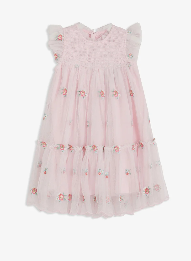 ريبلز مع نمشي Girls Smocked Floral Embroidered Tulle Party Dress