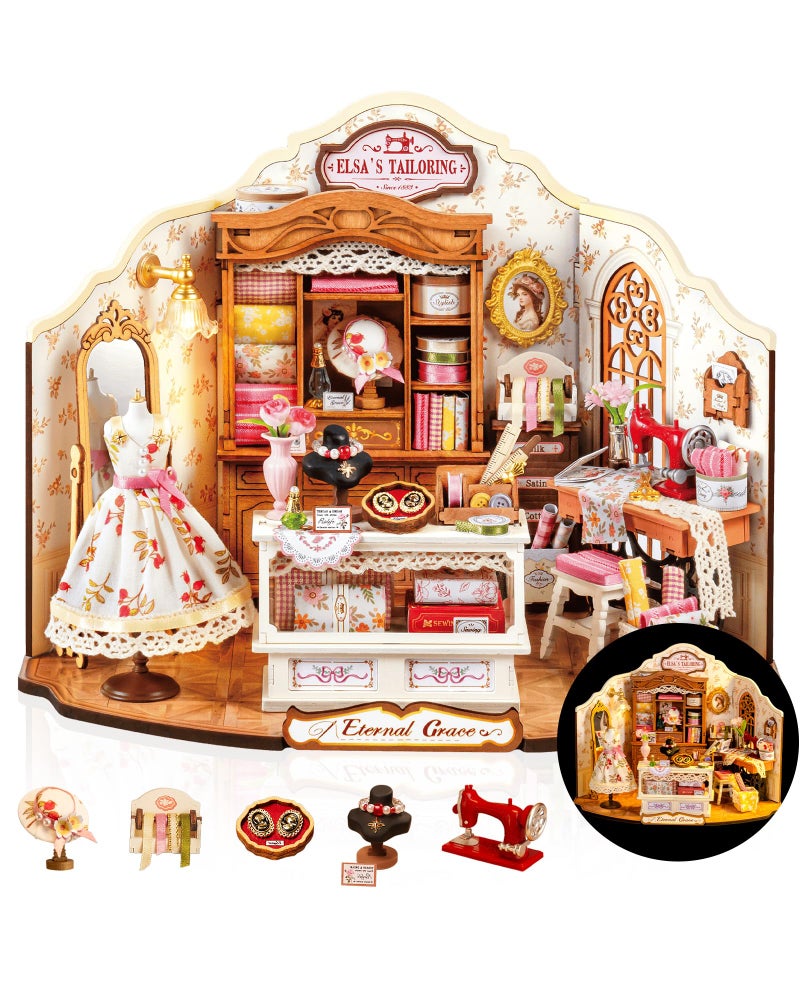 Rolife DIY Miniature House Kit Elsa's Tailoring, Mini Dollhouse Kit for Adults, Mini Room Building Kit for Teens, DIY Craft Kits for Parents Friends Girls Boys (Elsa's Tailor Shop) - Image 1