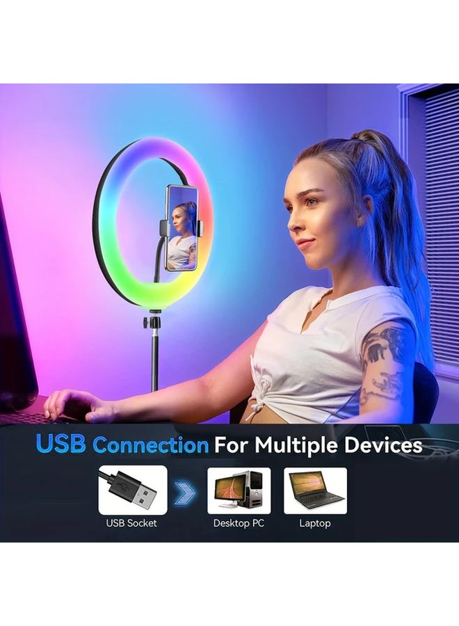 10 بوصة حلقة ضوء RGB مع حامل 38 وضع لون قابل للتعتيم التدريجي حامل ثلاثي القوائم لحمل الهاتف أسود - Image 5