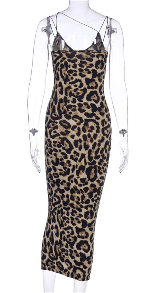 PRIMODA Women's Sexy Neon Asymmetrical Spaghetti Strap Dress Deep V-Neck Sleeveless Bodycon Midi Club Dress (Leopard M) - Image 5