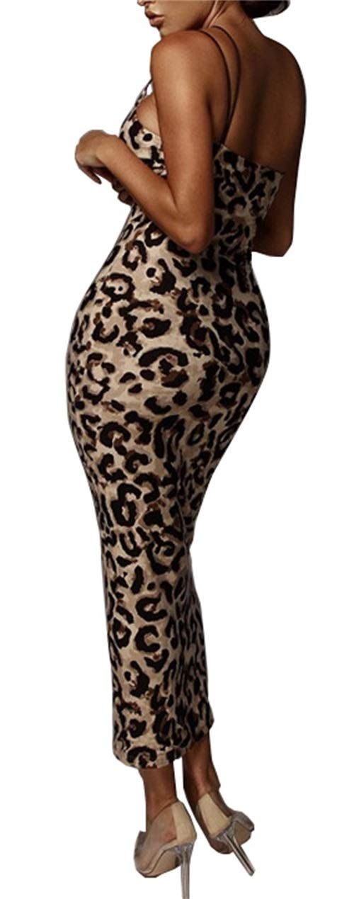PRIMODA Women's Sexy Neon Asymmetrical Spaghetti Strap Dress Deep V-Neck Sleeveless Bodycon Midi Club Dress (Leopard M) - Image 3