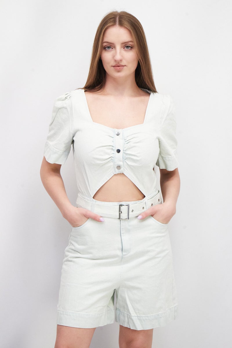 KENDALL + KYLIE Women Short Sleeve Front Cutout Belted Denim Playsuit, Pale Green - Image 1