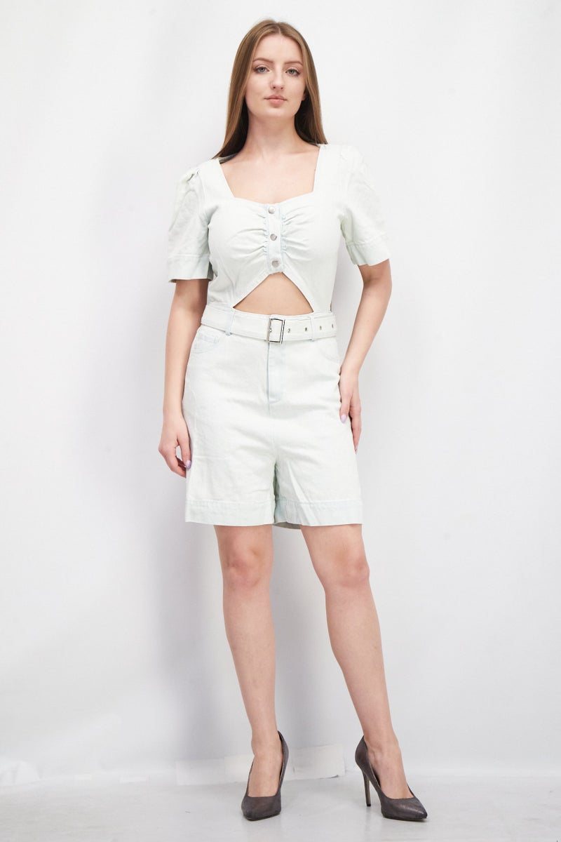 KENDALL + KYLIE Women Short Sleeve Front Cutout Belted Denim Playsuit, Pale Green - Image 2