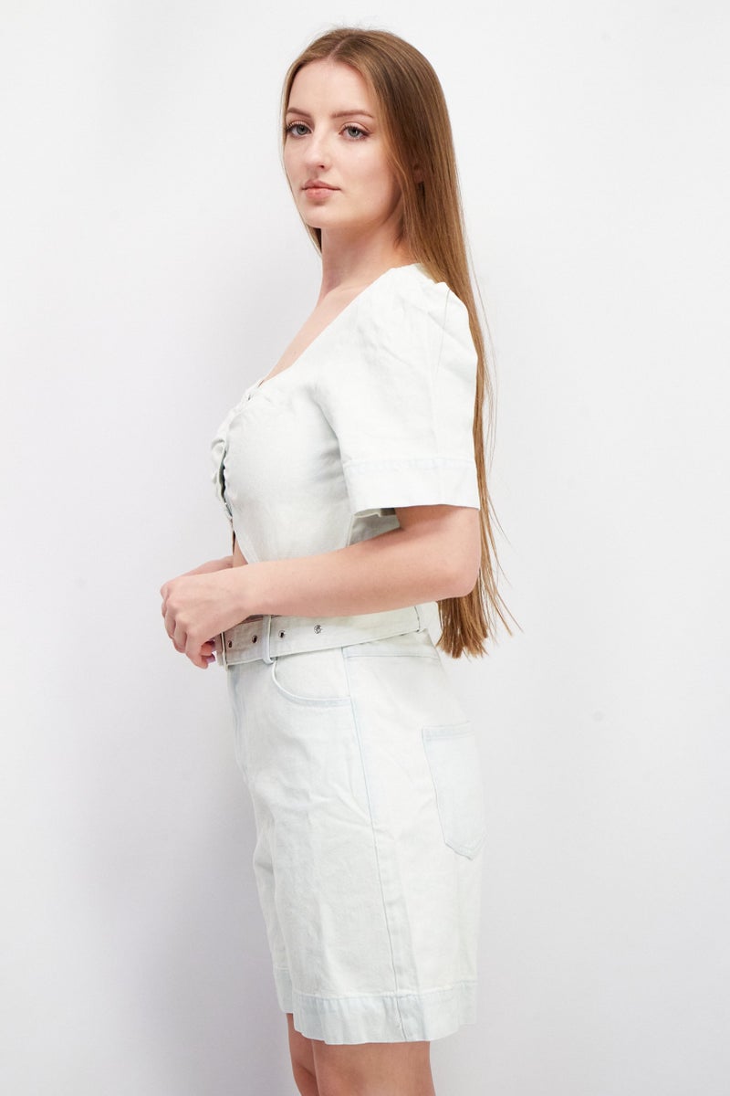 KENDALL + KYLIE Women Short Sleeve Front Cutout Belted Denim Playsuit, Pale Green - Image 3