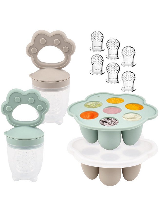 Ginbear Silicone Baby Fruit Food Feeder & Freezer Tray (Set of 2), Infant Teething Feeder Pacifiers with Baby Popsicle Molds Combo 4 Months+ (Hazy Green/Almond) - Image 1