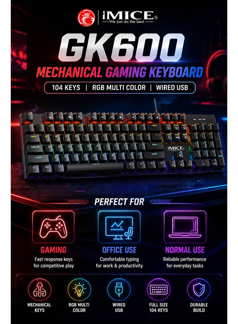 iMICE GK600 Mechanical Gaming Keyboard 104 Keys Wired RGB Full Size USB Keyboard for PC Laptop Gaming - Image 2