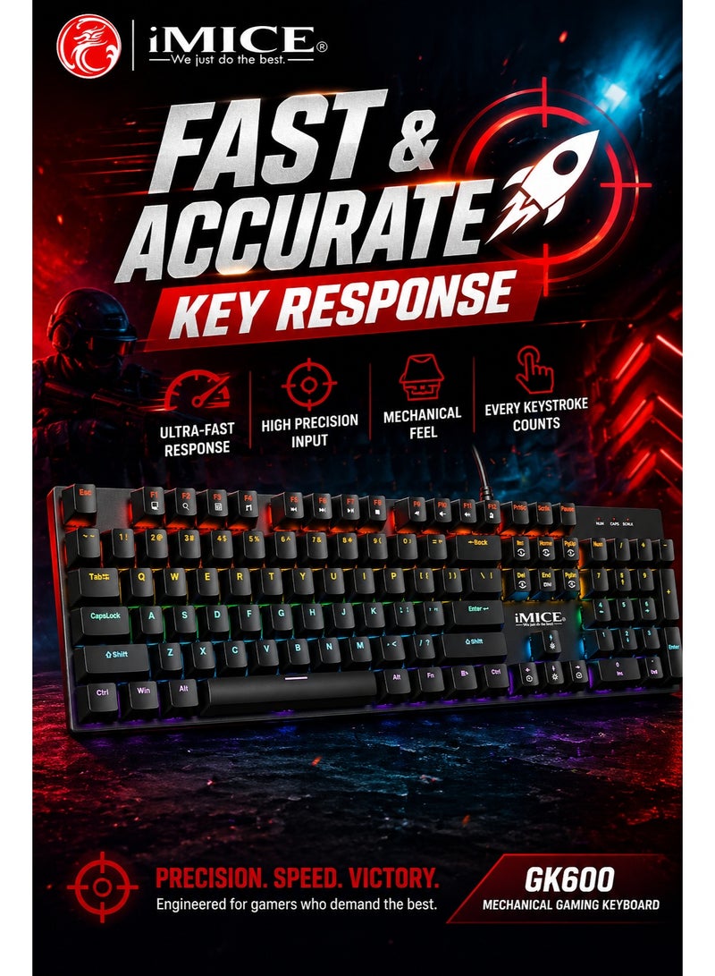 iMICE GK600 Mechanical Gaming Keyboard 104 Keys Wired RGB Full Size USB Keyboard for PC Laptop Gaming - Image 3