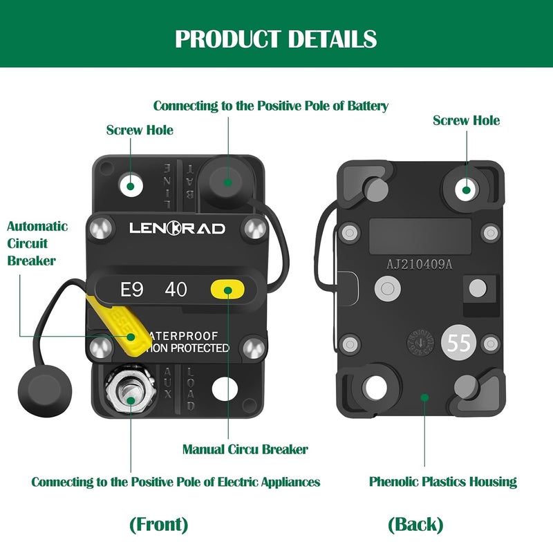 LENKRAD 40 Amp Surface-Mount Circuit Breakers with Manual Reset, 12V-42V DC, Waterproof (40A) - Image 5