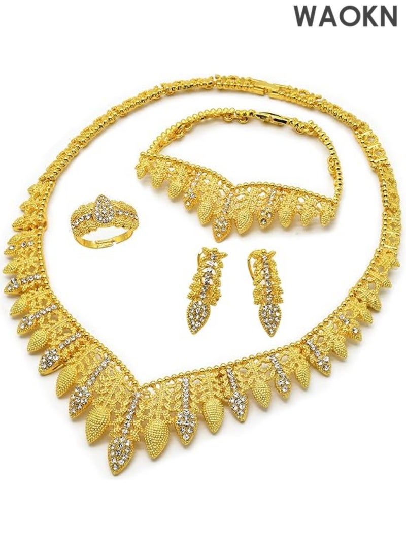 WAOKN Women Jewelry Sets Gold Necklace Earrings Bangle Ring Set Fashion Wedding Prom Jewelry Set Stunning Bridal Jewelry Set Delicate Gold Plated Necklace Earring Wrist Chain and Rings Set For Bridal And Party Wear - Image 2