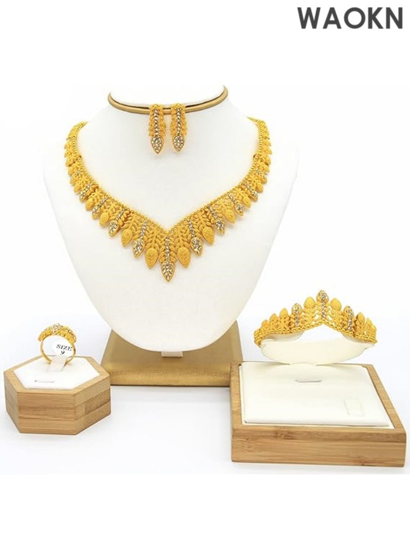 WAOKN Women Jewelry Sets Gold Necklace Earrings Bangle Ring Set Fashion Wedding Prom Jewelry Set Stunning Bridal Jewelry Set Delicate Gold Plated Necklace Earring Wrist Chain and Rings Set For Bridal And Party Wear - Image 1