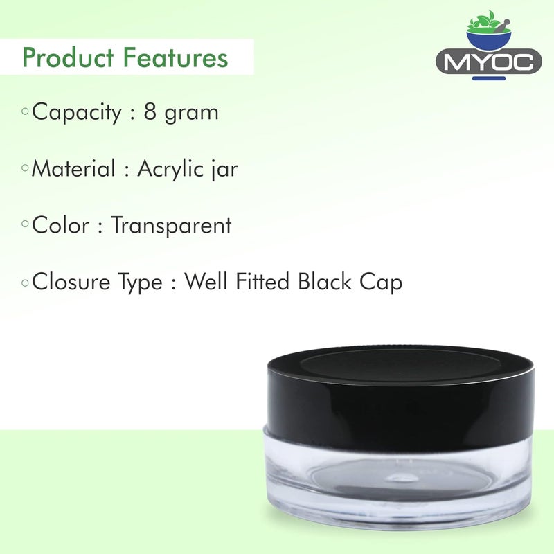 Myoc MYOC Empty Transparent Acrylic San Jars with Black Cap Inner Lid for Lip Balm Scrub Cream Eye Shadow Leakproof Reusable Cosmetic Container for Makeup DIY Beauty Products 8gm Pack of 8  - Image 2