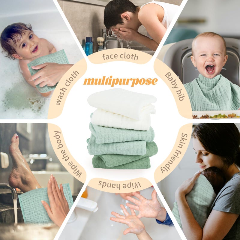 MIGIOL Baby Burp Cloth 100% Cotton Newborn Cotton Muslin Burp Cloth 10x20 inches (White & Green 6 Pieces) - Image 4