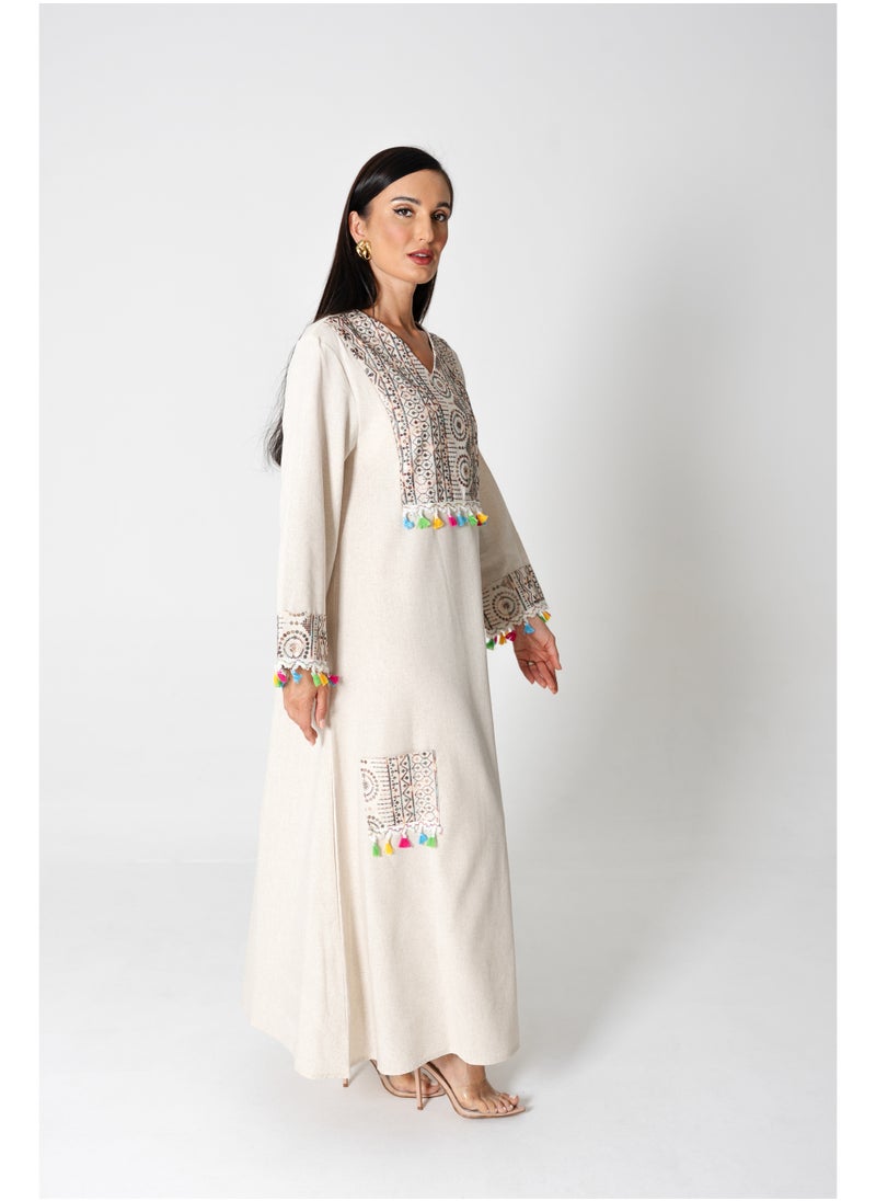 اكسا جلابية انيقة كتان مطرزة  - Image 5