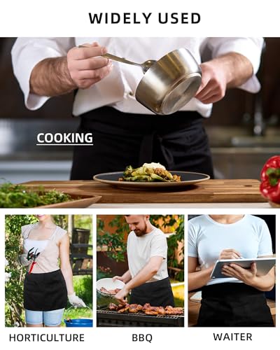 Xeoxarel 3 Pack Server Aprons with 4 Pockets, Unisex Waitress Waiter Waist Apron for Women and Man Half Black 11.5'' - Image 3