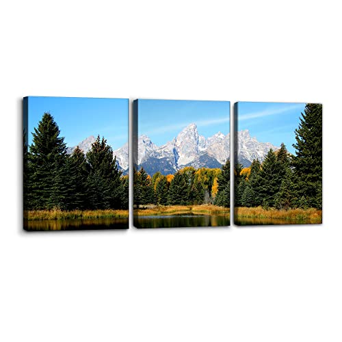 Pacimo 3 Pieces Canvas Art Wall Decor Grand Teton National Park Pictures Natural Landscape Painting Pond Prints on Canvas Modern Artwork Stretched and Framed Ready to Hang - 12" x 16" x 3 - Image 1