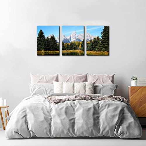 Pacimo 3 Pieces Canvas Art Wall Decor Grand Teton National Park Pictures Natural Landscape Painting Pond Prints on Canvas Modern Artwork Stretched and Framed Ready to Hang - 12" x 16" x 3 - Image 3
