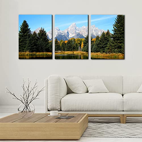 Pacimo 3 Pieces Canvas Art Wall Decor Grand Teton National Park Pictures Natural Landscape Painting Pond Prints on Canvas Modern Artwork Stretched and Framed Ready to Hang - 12" x 16" x 3 - Image 2