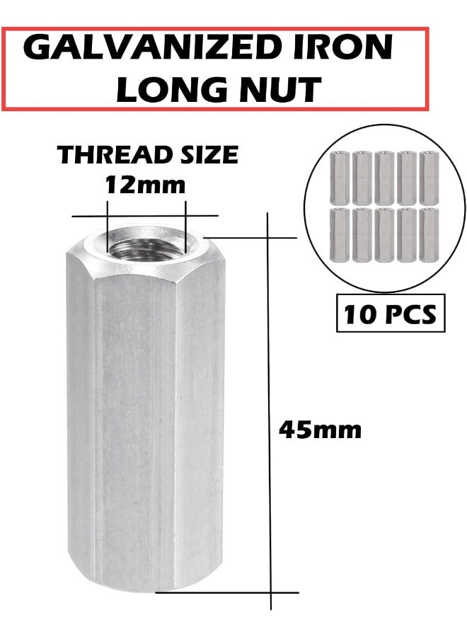 Poaker Galvanized Iron Threaded Long Nut Hexagonal Sleeve Coupling For Bolts Rods Studs And Screws Corrosion-Resistant Ideal For Industrial And Construction Use 12Mm 10 Pcs - Image 2