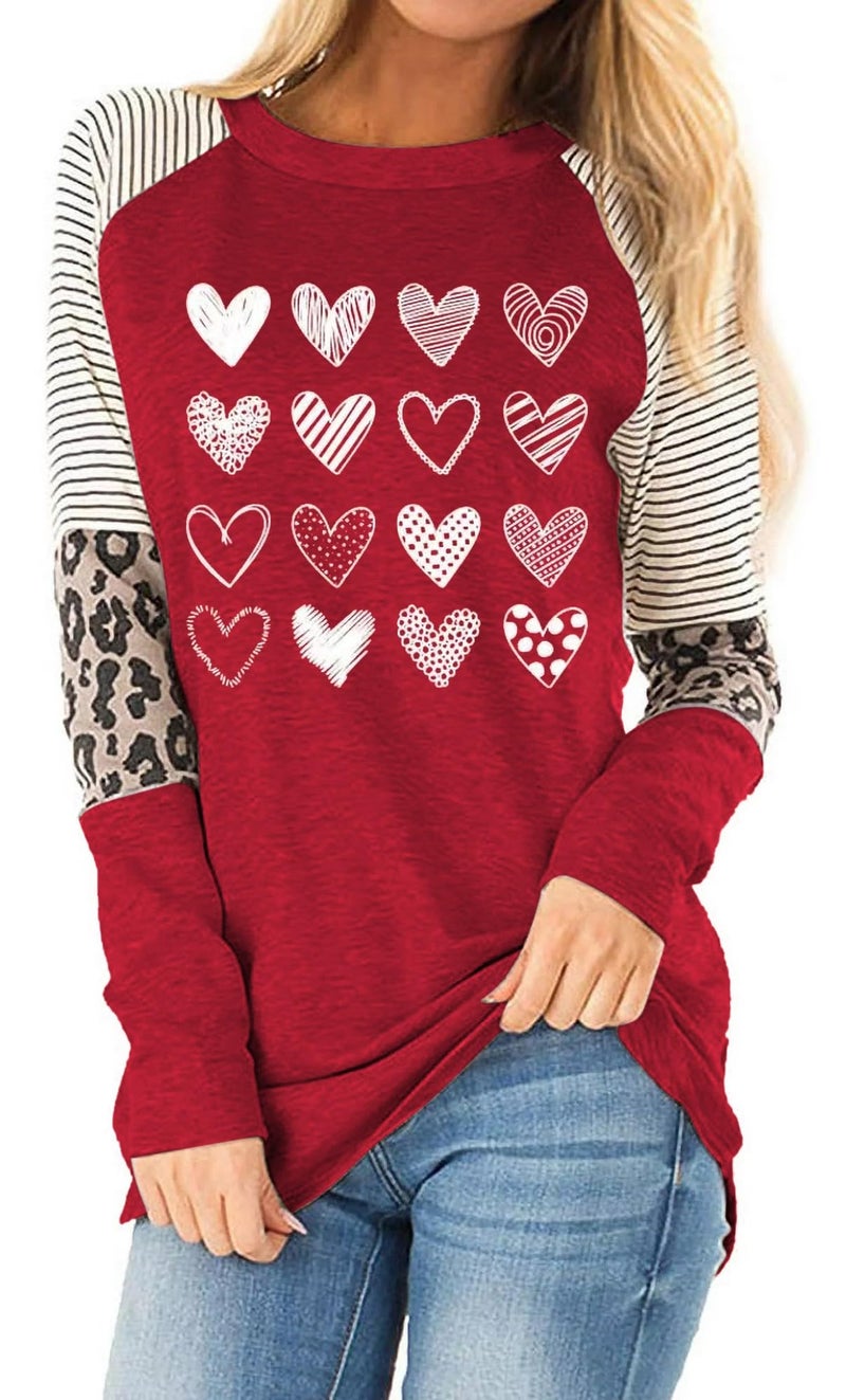 Womens Love Heart Raglans T-Shirts Casual Long Sleeve Valentine's Day Graphic Tees Tops(1012-Dark Red,XXL)