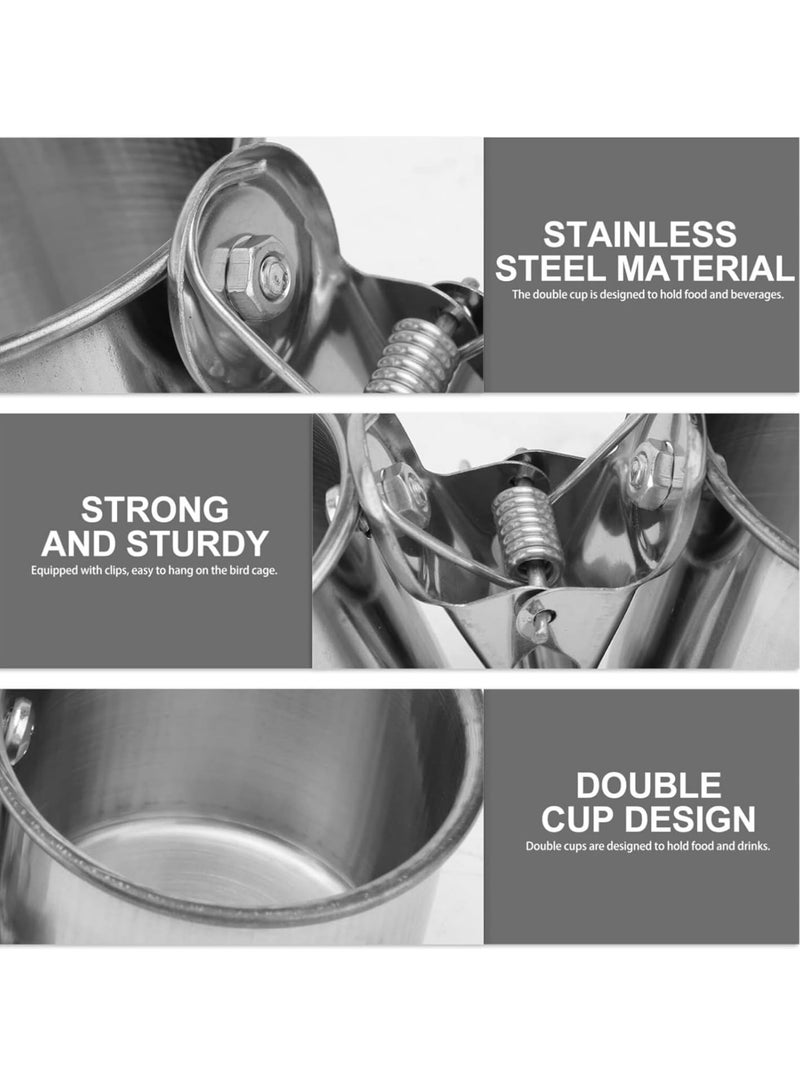 رات سو 2 قطعة أكواب تغذية مزدوجة للطيور الببغاوات من الفولاذ المقاوم للصدأ مع ملقط - أكواب لتقديم الطعام والماء للطيور مع حامل ملقط، مناسبة لتعليقها في القفص كإكسسوارات - Image 5