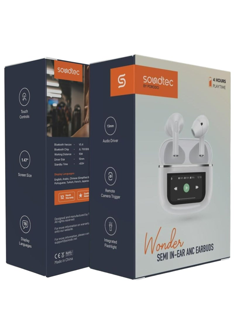 Soundtec Wonder TWS ANC Earphone with Touch Screen, Lightweight & Compact, Bluetooth V5.4, Remote Camera Trigger, Integrated Flashlight - White