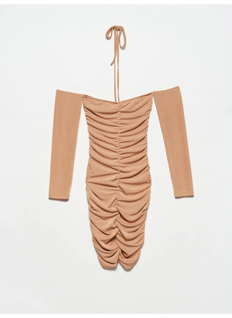 Dilvin 90323 Gathered Mini Dress-Camel