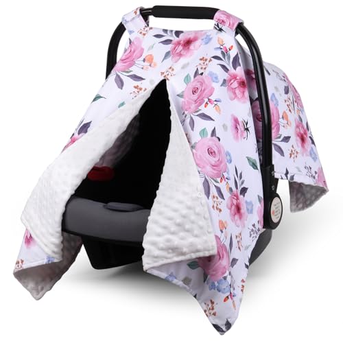 Rquite Car Seat Cover Baby Carseat Covers Baby Girl Winter Infant Car Seat Cover Warm Minky Car Seat Canopy Baby Carrier Cover with Peekaboo Opening Multi Use Nursing Cover Toddler Blanket - Image 1