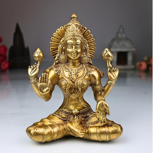 Bhunes Brass Goddess Lakshmi Statue | Handcrafted Goddess Maha Lakshmi | Shree Padmavati Kamala Narayani Statue | Pital Vigraha Pratima for Puja Decor Giftafted | Laxmi Idol, Gold, 7.5 inches, 1piece - Image 1