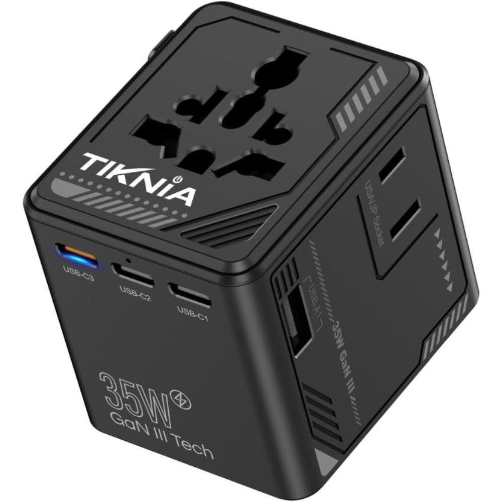Universal travel adapter for worldwide use, ABS plastic, black, PD fast charging with USB-A 3 USB-C ports, dual AC outlets for USA EU UK AUS