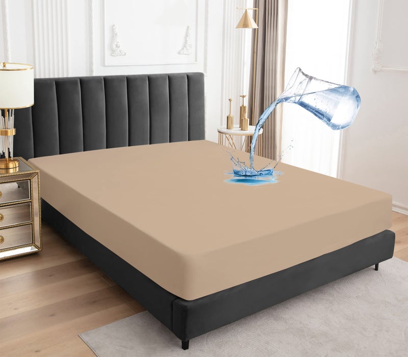 Sufdari Full Size Mattress Protector Waterproof Mattress Protector Fitted Sheet Style Mattress Cover with 18"" Deep Pocket Washable and Comfortable-Light Tan Full - Image 1