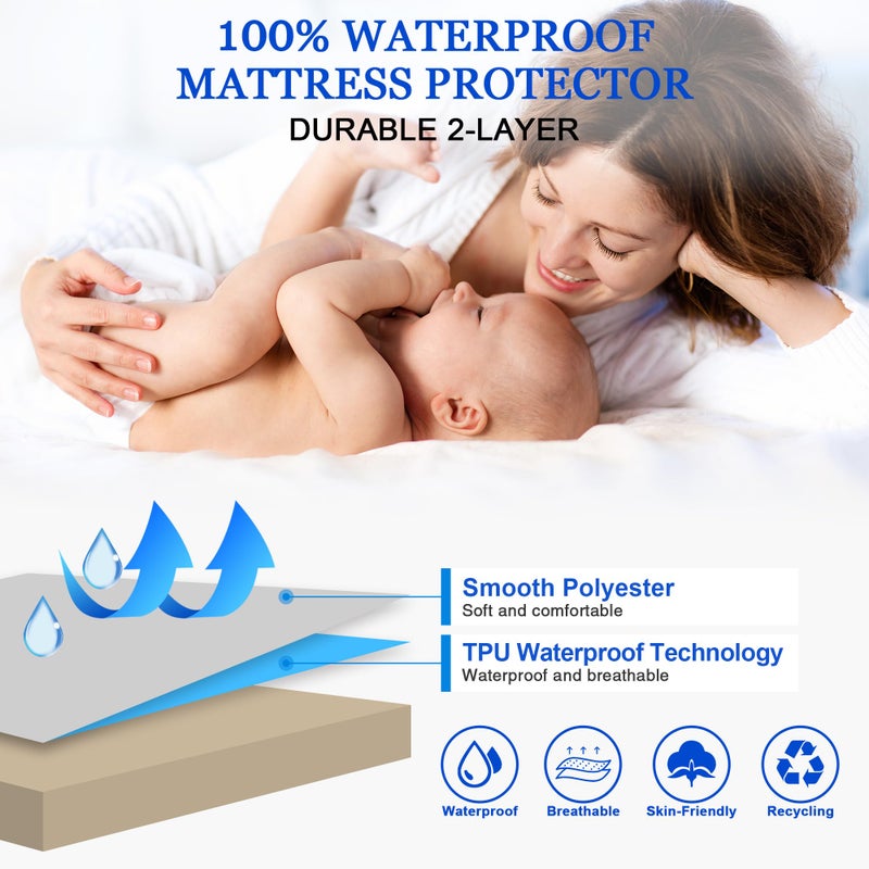 Sufdari Full Size Mattress Protector Waterproof Mattress Protector Fitted Sheet Style Mattress Cover with 18"" Deep Pocket Washable and Comfortable-Light Tan Full - Image 2