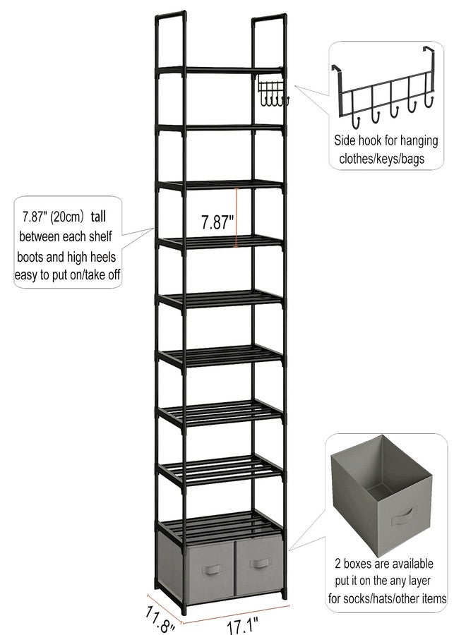 OYREL Tall Shoe Rack Narrow 10 Tier Shoes Rack 20 25 Pairs, Shoe Storage Organizer for Closet, Sturdy Metal Shoe Shelf Shoe Stand with 2 Boxes 1 Hook - Image 4
