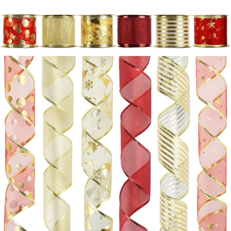 MEEDEE Red  Gold Christmas Ribbon  25 Inch 6 Rolls 36 Yards Wired Perfect for Tree Decoration Wreaths  Bows